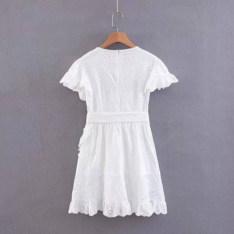 Женское платье с круглым вырезом Boho белое кружевное Хлопковое рукавами