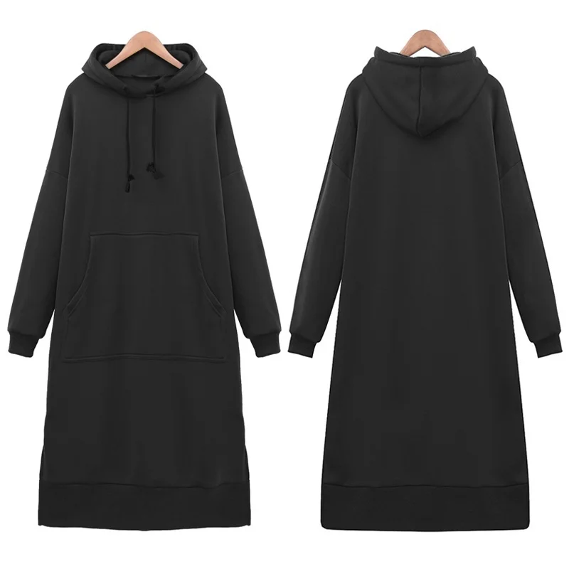  Women's Casual Loose Long Hoodies Autumn Solid Color Sweatshirt Hooded Sweatshirt Dress