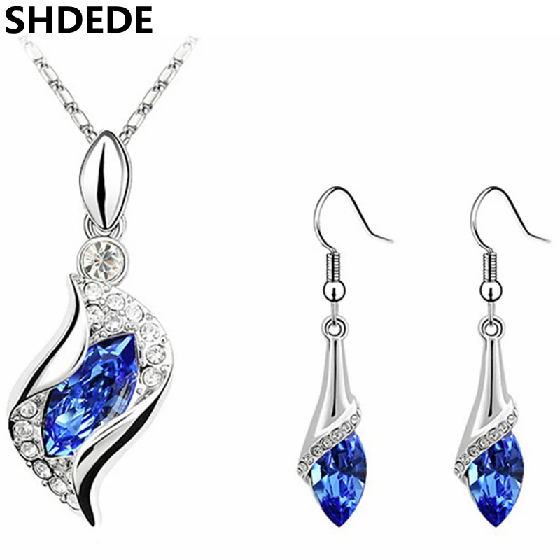 

Blue Crystal from Swarovski Elements Jewelry Set Necklace Earrings Fashion Women 2018 New Long Drop Dangle 2812