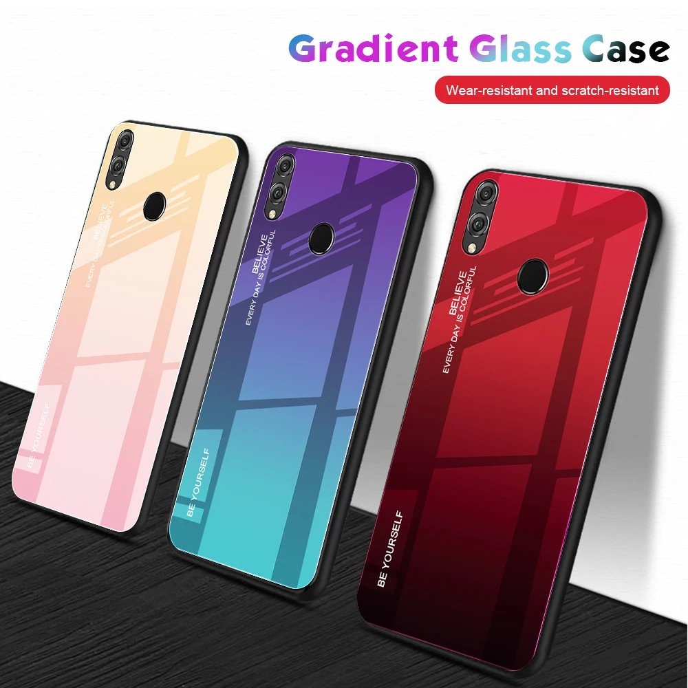 

For Huawei Honor 8X Gradient Case Tempered Glass Cover For Huawei Honor8X JSN-L21 cute case Fundas Coque Luxury Cover