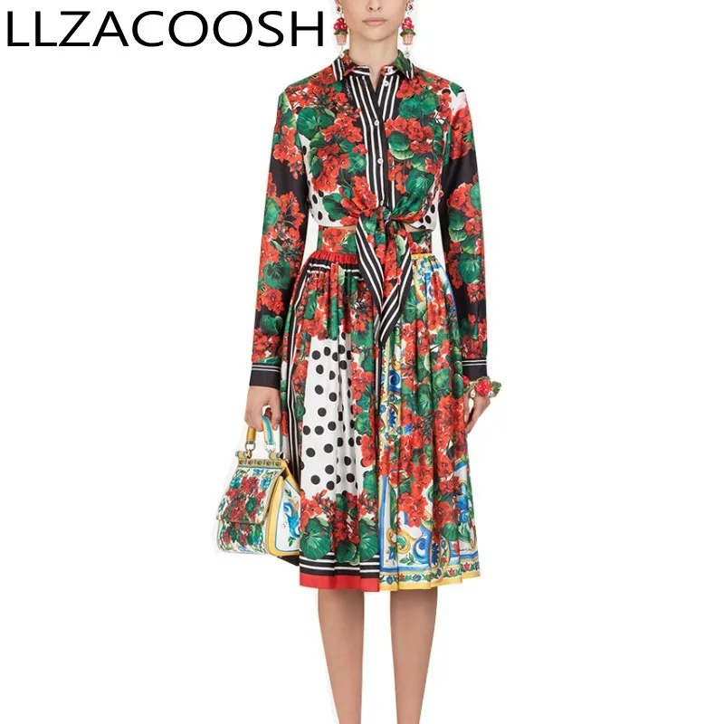 

Runway Spring 2019 Two Pieces Set Fashion Women Printing Floral Bow Shirt Suits + High Waist Ball Gown Skirt Suits