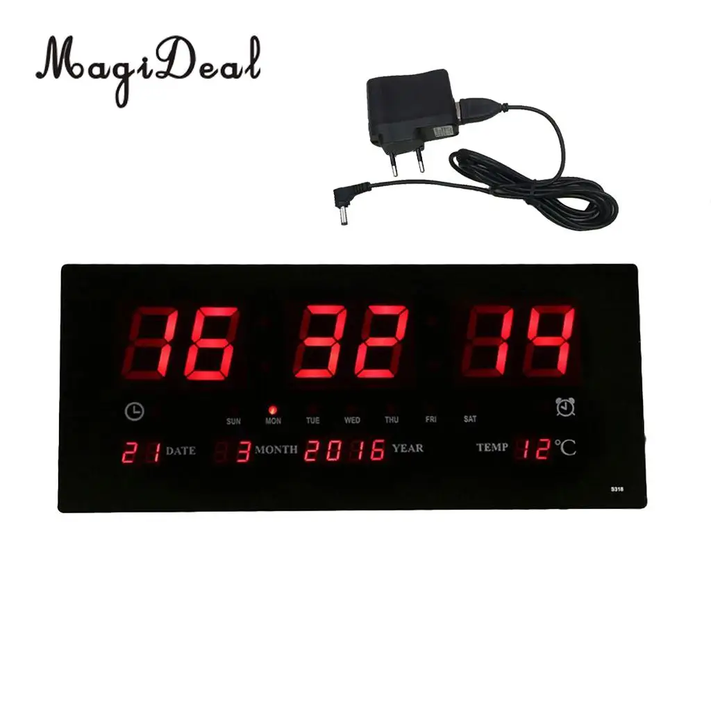 17inch Digital LED Screen Projection Alarm Clock Time Calendar with Indoor Thermometer 24H Display - Days/Month/Year EU
