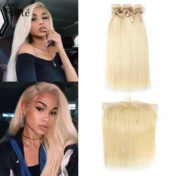 Paquetes de Forte Remy con Armadura Frontal Del Pelo Brasileño Haces de 613 Paquetes con Manojos Frontales de Cabello Humano Rubio con Cierre 2/3 Paquetes de Forte Remy con Armadura Frontal Del Pelo Brasileño Haces de 613 Paquetes con Manojos Frontales de Cabello Humano Rubio con Cierre 2/3