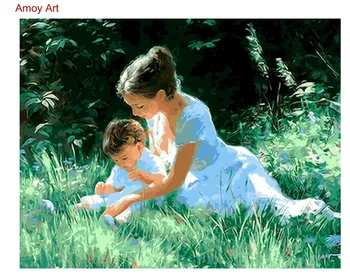 

frameless oil paint painting by numbers diy picture drawing coloring by numbers on canvas painting Mom play with Son