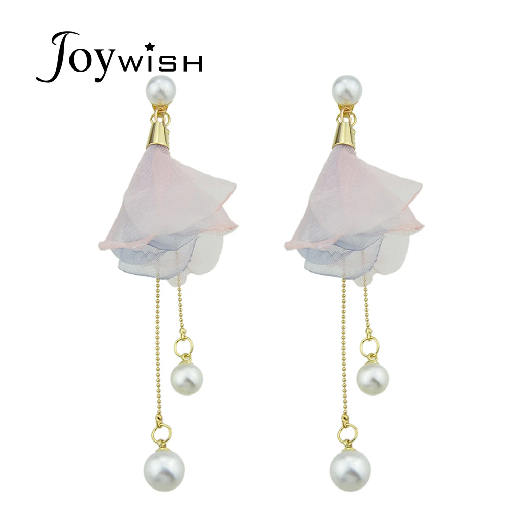 Pink Chiffon Petal Hanging Earrings Gold Color Long Chain Dorp
