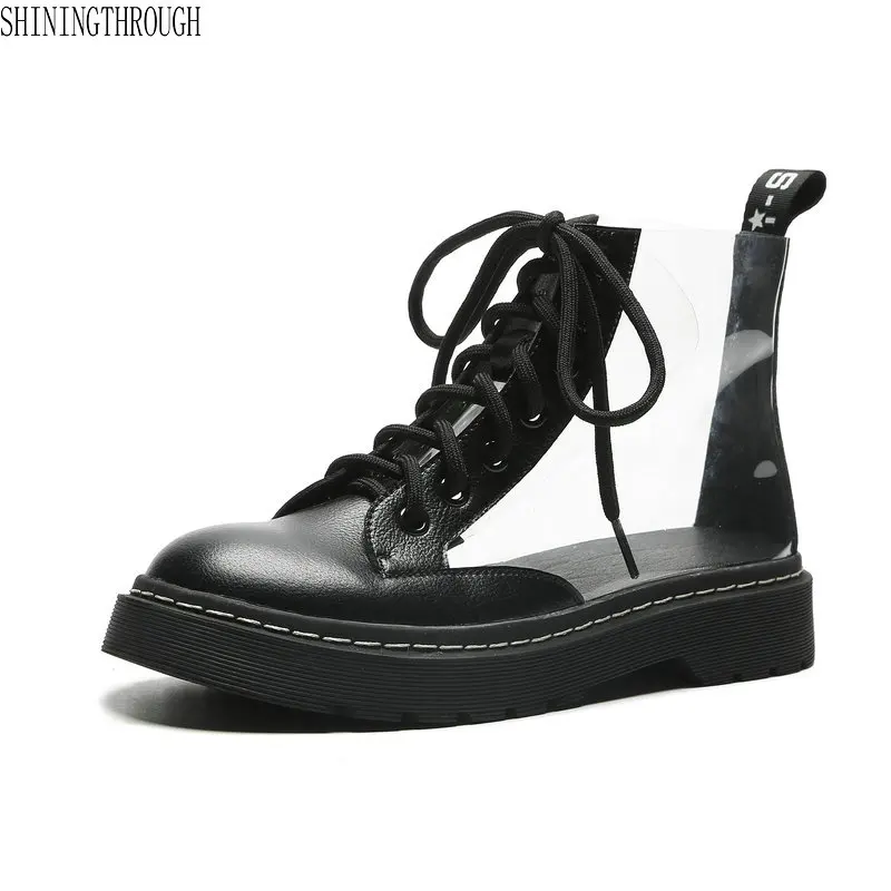 

2018 transparent cow Genuine leather women boots round toe autumn winter ankle boots lace up fashion casual punk shoes woman