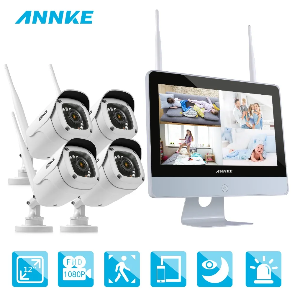 

ANNKE 4CH 1080P FHD WiFi NVR Video Surveillance System 12inch HD LCD Screen Automatic Screen Saver 1080P HD Bullet IP Cameras