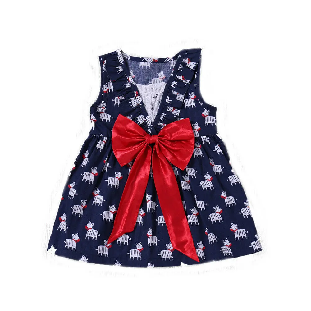 

1-6Y Toddler Kids Baby Girl Sleeveless Cartoon Print Bowknot Princess Girls Holiday Party Dress Sundress Clothes