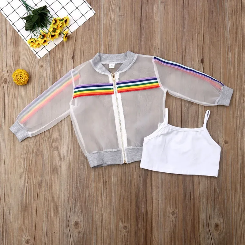 

1 Set Summer Kids Skinsuit Costume Sunscreen Baby Girls Casual Long Sleeve Zipper Striped Print Outerwear Tops Shorts Suits