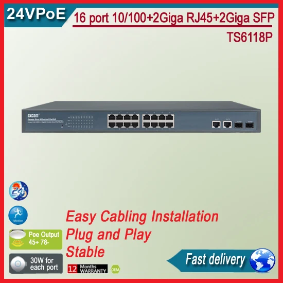 TS6118P 16 портов 10/100+ 2 Giga rj45+ 2 Giga для программирования в производственных условиях 24 v коммутатор питания через ethernet