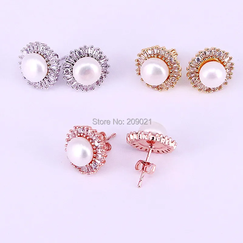 

Fashion 8Pair Nature Pearl Round Design Stud Earrings, CZ Zircon Micro pave charm earrings for women wedding party jewelry