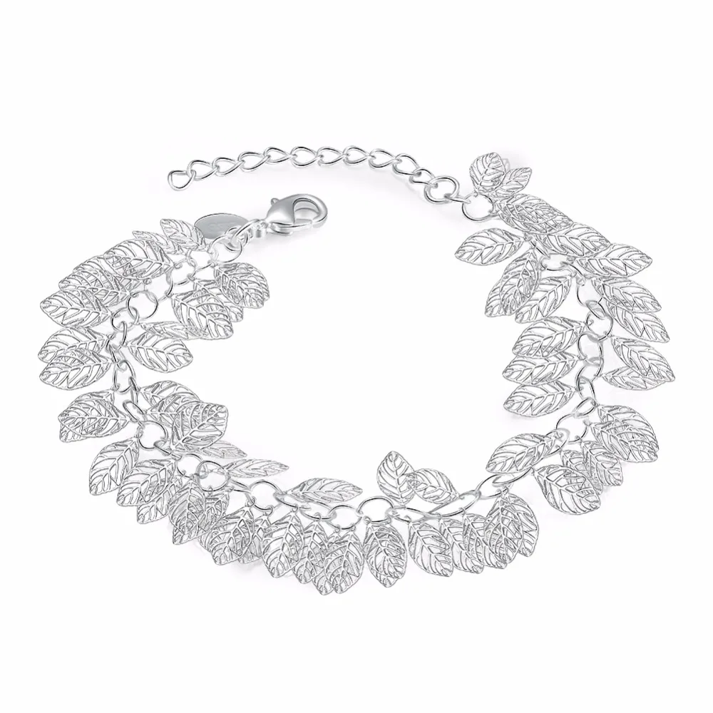 Leaves Cutout Charms Bracelets Fine 925 Sterling Silver With Extender