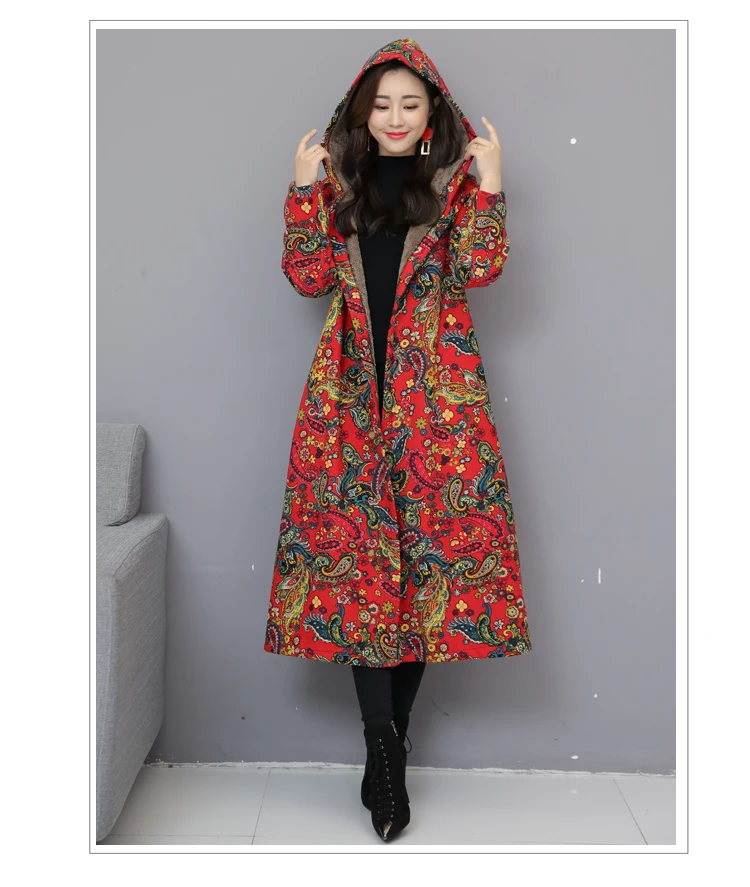 

2019 autumn and winter new national style women's plus velvet thick cotton and linen loose hooded long coat jacket women