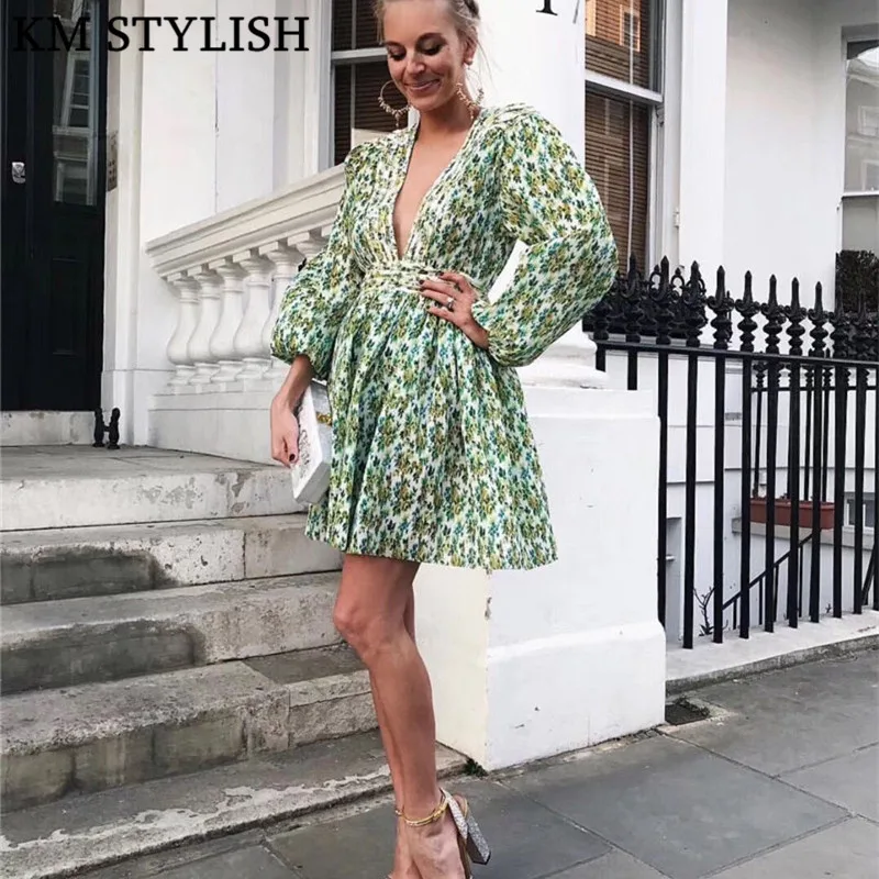 

Australia Tide brand 2018Zim catwalk new sexy deep V green print lantern sleeves seaside holiday pleated women dress