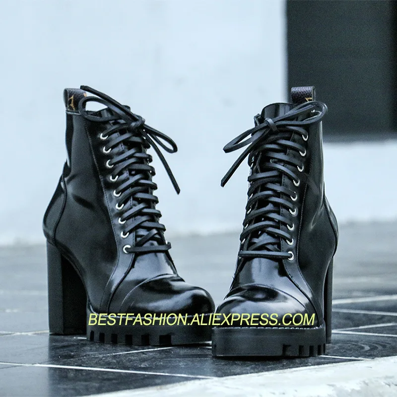 

Hot 2018 Autumn Winter Shoes Woman Calf Leather Ankle Boots Lace Up Side Zip Waterproof High Heel Mujer Boots Designer Superstar