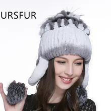 URSFUR Winter Women Hats Real Rex Rabbit Fur Hat Ear Protector Caps with Fur Flower Ball Pom Poms Female Knitted Bomber Fur Hat