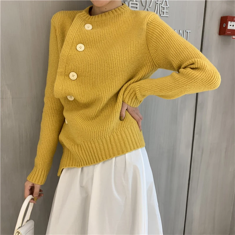 OLN 2019 Women Sweater Diagonal Buckle Irregular Knit Sweater Loose Wild Solid Turtleneck Sweater Female Pullover Streewear 8242 OLN 2019 Women Sweater Diagonal Buckle Irregular Knit Sweater Loose Wild Solid Turtleneck Sweater Female Pullover Streewear 8242
