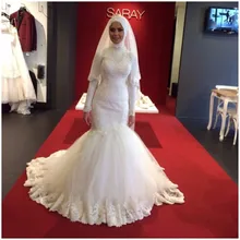 hijab wedding dresses high neck Mermaid floor length rabic Dubai Muslim Bridal Gowns online chinese store 2016