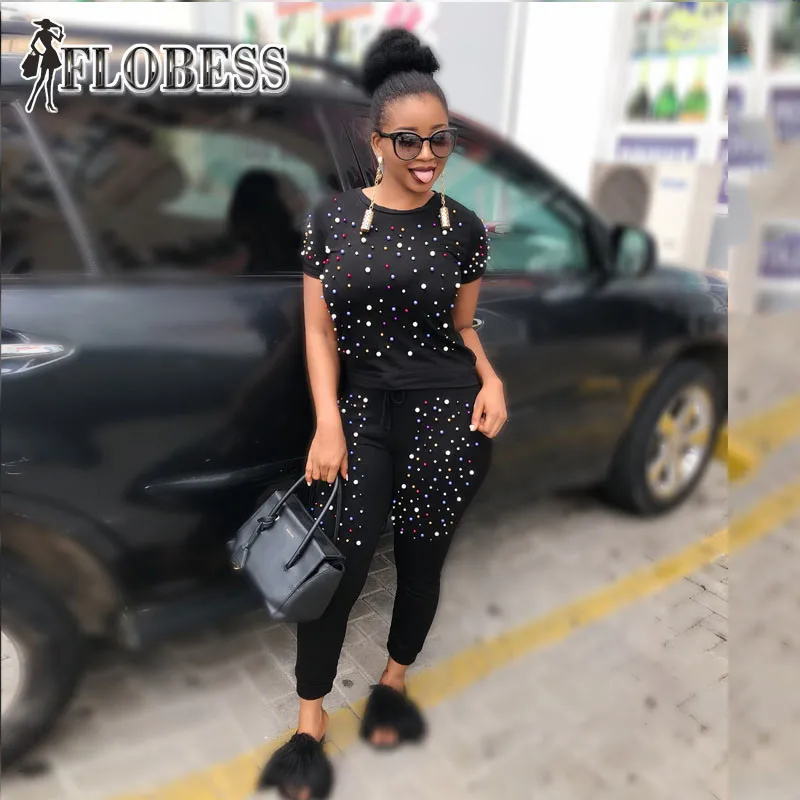 FLOBESS 2018 Women Fashion Rainbow Pearls Beading 2 Pieces Set T Shirt + Long Pants Casual Female Set Lady Club Suit FLOBESS 2018 Women Fashion Rainbow Pearls Beading 2 Pieces Set T Shirt + Long Pants Casual Female Set Lady Club Suit
