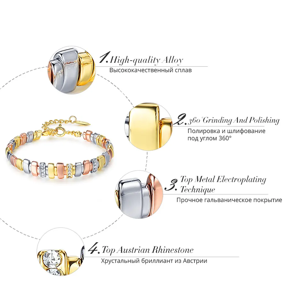 Viennois New Gold & Silver & Rose Gold Color Bracelets For Women Rhinestone Mixed Color Metallic Chain Bracelets & Bangles