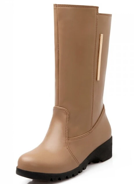 

Korean Style Winter Women Wedges Chunky Heel Round Toe Metal Fashion Mid Calf Boots Plus Size 35-52 SXQ0722