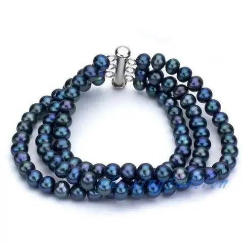 Ювелирных изделий> 3 ряда отличный павлин синий 7-8 мм настоящий жемчуг благородный женский подарочный браслет@^ благородный стиль натуральный
