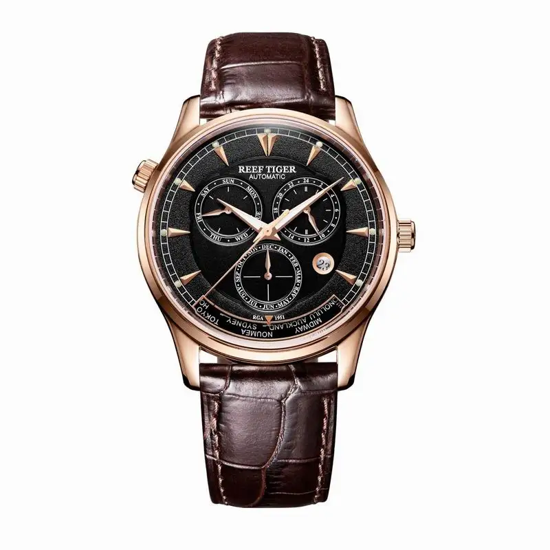 Reef Tiger/RT Мужские автоматические часы World Time Дата день месяц розовое золото кожа спортивные многофункциональные водонепроницаемые часы RGA1951 - Цвет: RGA1951PBS