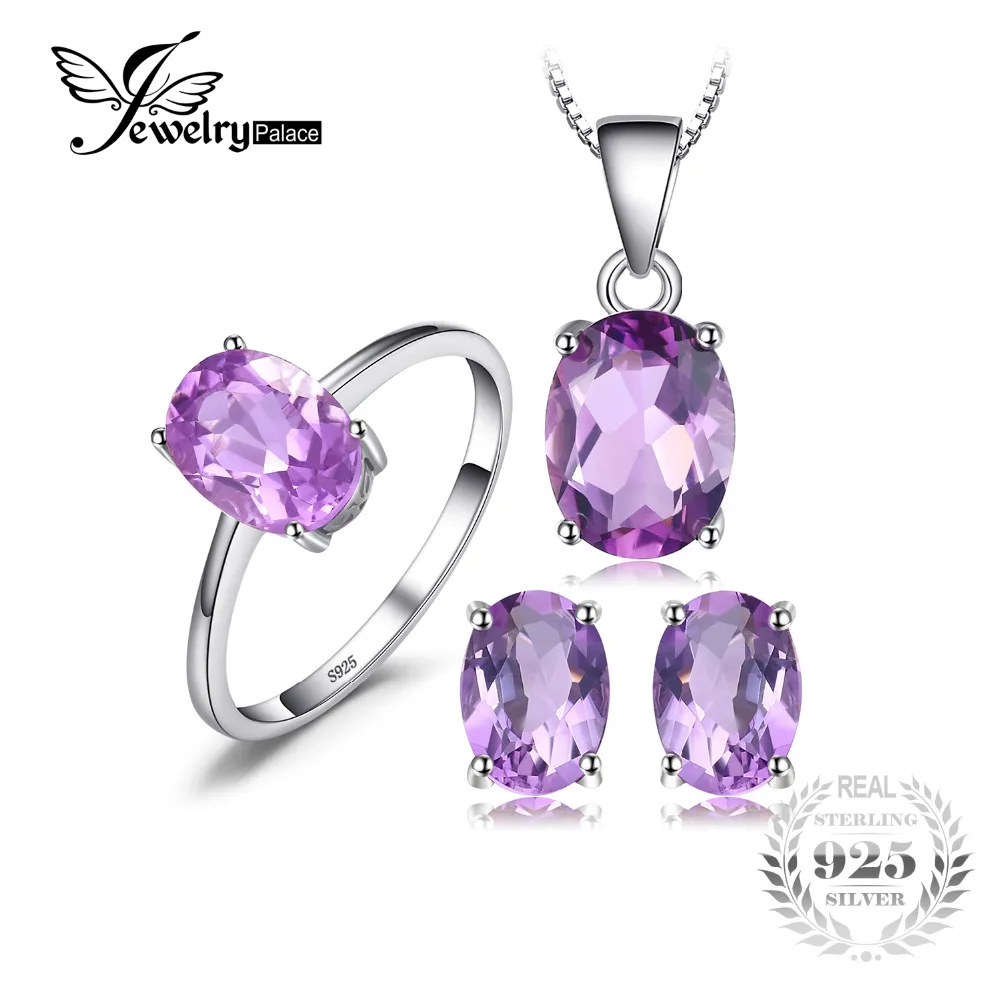 

JewelryPalace Oval 4.2ct Natural Gemstone Amethyst Ring Earrings Pendant Necklace Jewelry Set 925 Sterling Silver Jewelry
