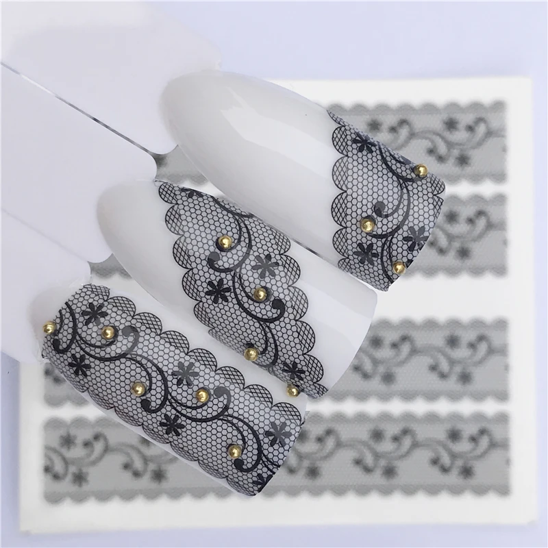 

FWC 1 PC White Black Nail Stickers Water Transfer Decals Lace Flowers Butterfly Slider for Nail Art Decoration Manicure