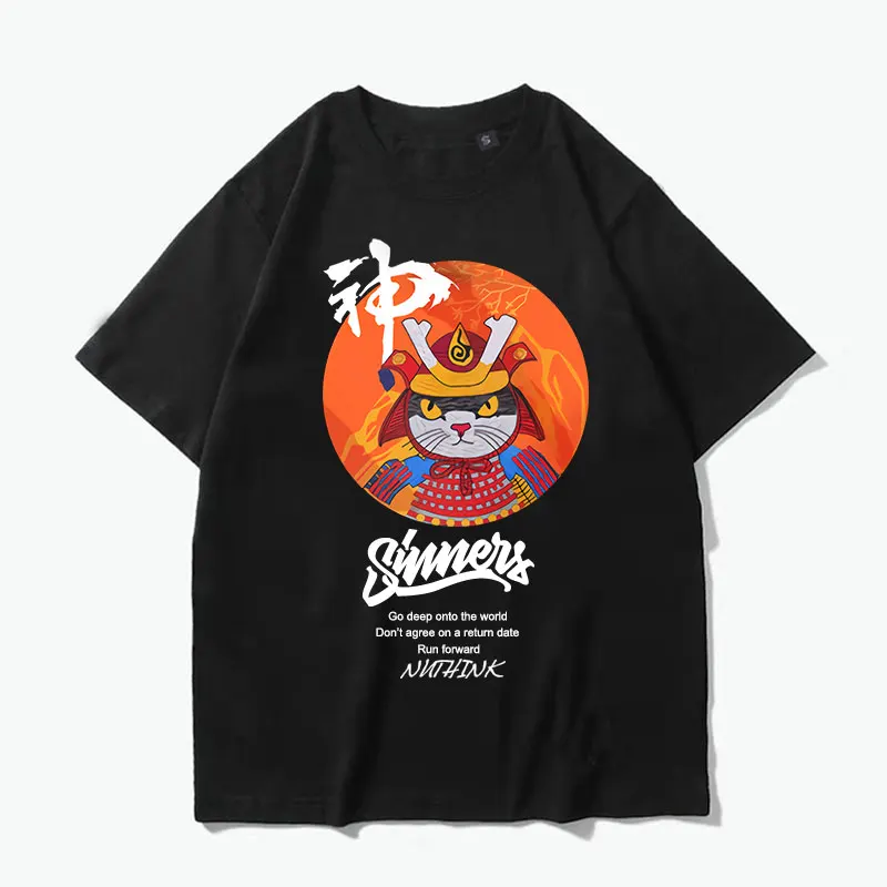Хип хоп футболки мужские японский Ukiyo Cat Футболка Harajuku Streetwear Прямая доставка с