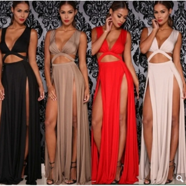 

2018 New Style Hollow Out Bodycon High Split Night Club Dresses Straps Sleeveless V Neck Dress Summer Sexy Long Maxi Dresses
