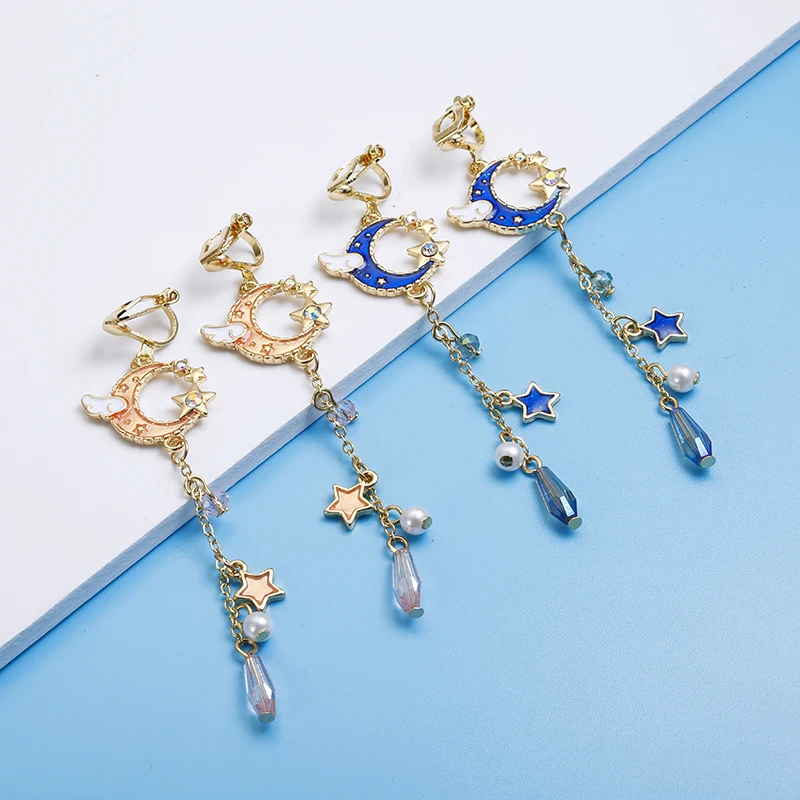 Korean Creative Clip On Earrings Cute Blue Universe Moon Star Asymmetric Long Tassel for Girl Women Without Piercing ear clip earrings,clip earrings,ear clip,ear accessories