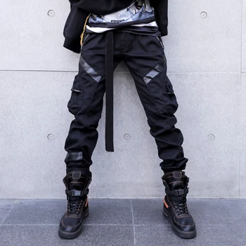 

Hot Fashion Leather Splice Cargo Pants Men High Street Casual Trousers Hip Hop Black Slim Harem Joggers Men Multi-pocket