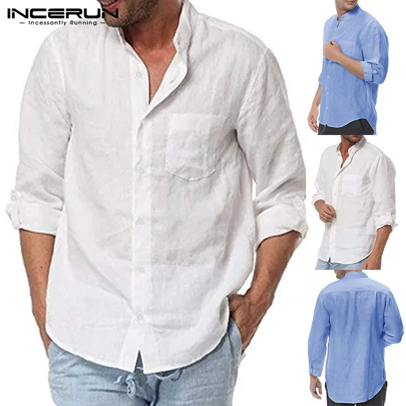 

INCERUN Men Stand Collar Literary Long Sleeve Shirt Brand Solid Color Button Breathable Shirt Men's 2019 Camisa Masculina S-5XL