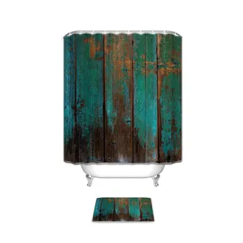 

Memory Home Country Rustic Distressed Teal Green Barn Wood Fa Bathroom Shower Curtain Set with Bath Mats Rugs