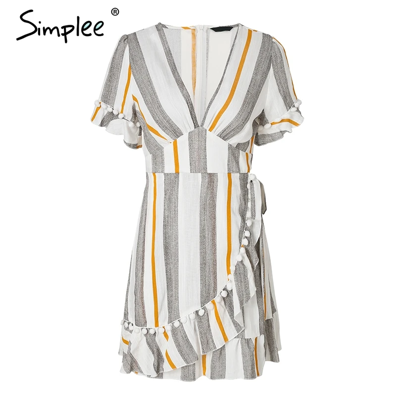 Женское летнее платье с запахом Simplee, в полоску, с оборками, хлопковое повседневное платье с V-образным вырезом, уличная одежда - Цвет: Stripe2