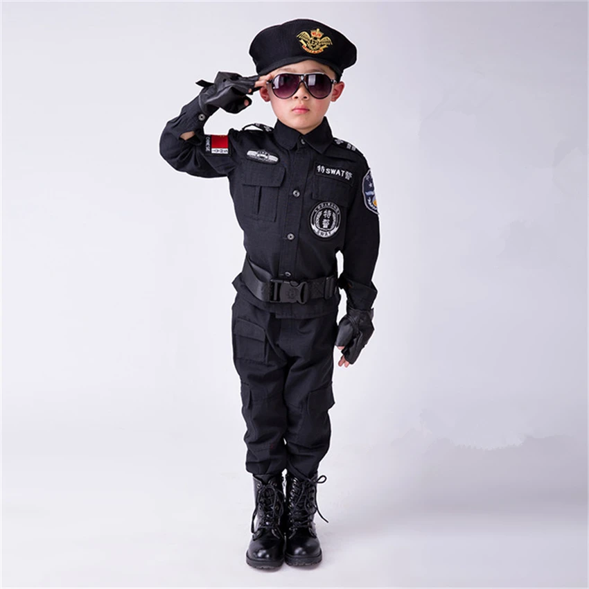 Billig Jungen Polizei Kinder Uniform Kinder Cosplay Polizisten Kostüme Spezielle Armee Militär Uniform Kindergarten Leistung Kleidung Set