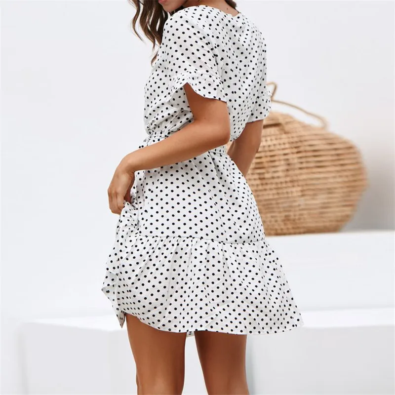 New Summer Chiffon Shirt Dresses Sashes Short Sleeve Polka Dots Printed Black Navy White Ruffles Mini Dress Women Beach Vestidos