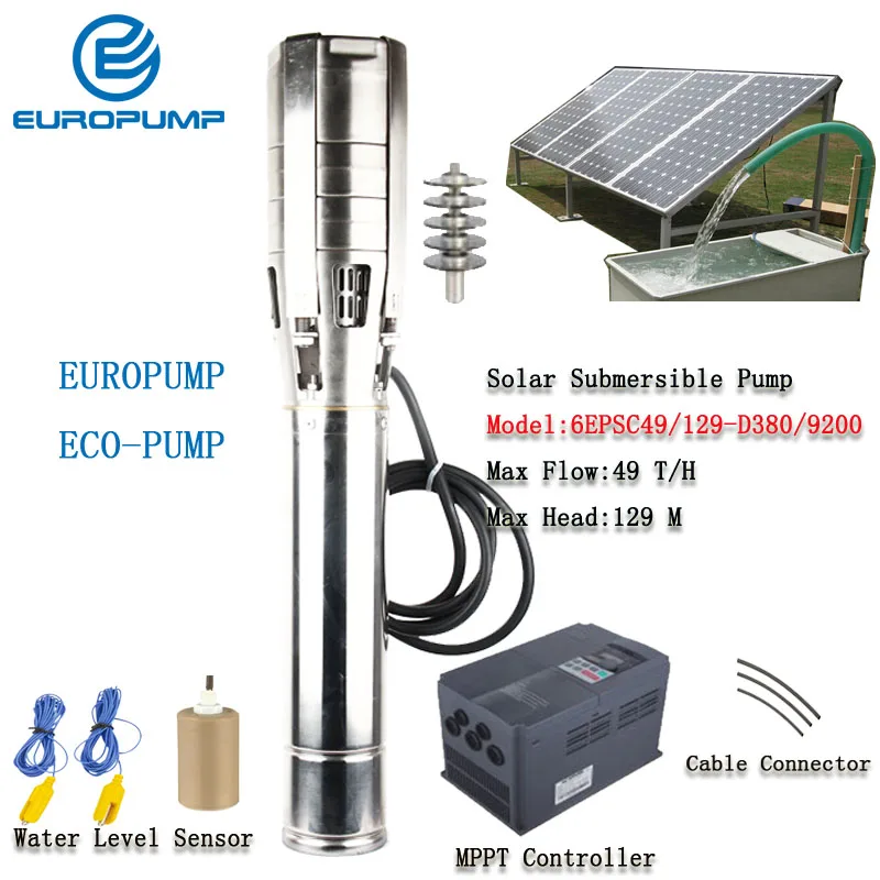 EUROPUMP солнечный насос 6 дюймов 12HP выход " Максимальный подъем 129 м поток 49000LPH DC Солнечный водяной насос с MPPT модель(6EPSC49/129-D380/9200