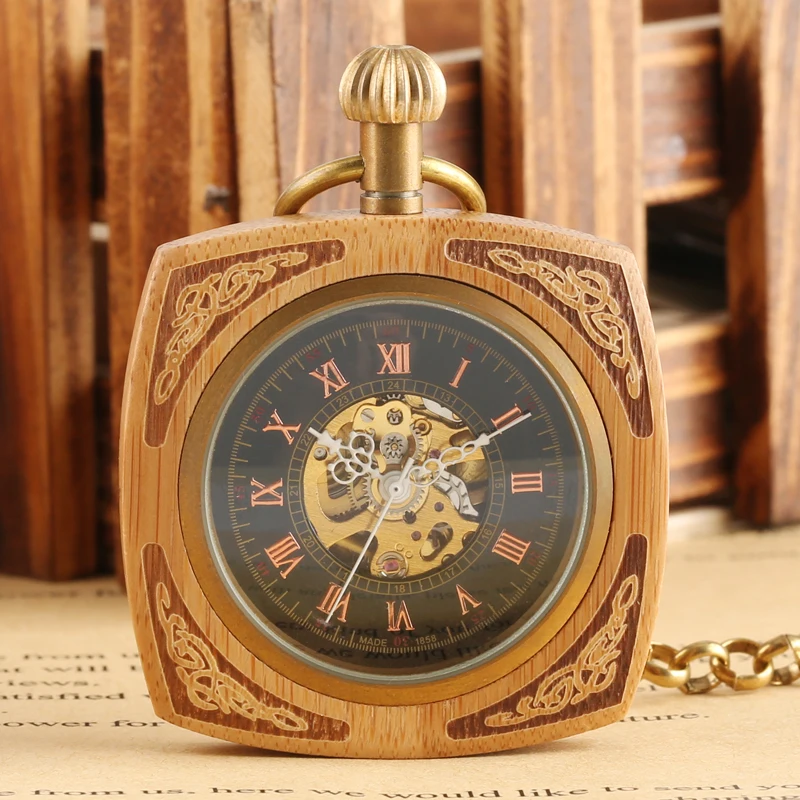 Площадь бамбуковых Для Мужчин's Для женщин Винтаж Механические карманные часы с Голдер цепи творческий часы подарки