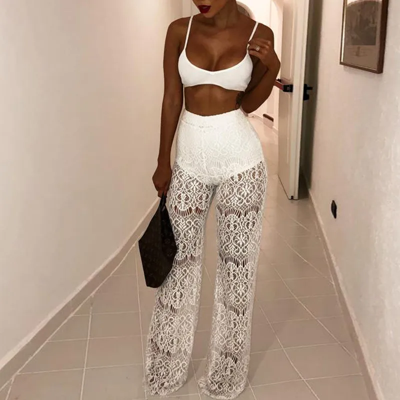 

Embroidery White Hollow Out Women Sexy Lace Pants 2018 High Waist Crochet Transparent Wide Leg Pants Casual Party Women Trousers
