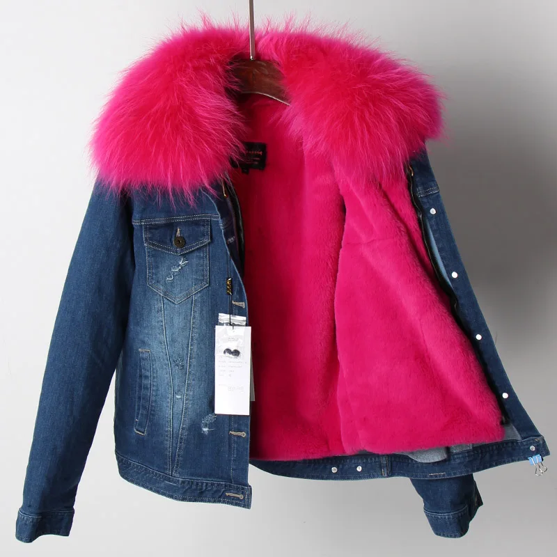 Бренд, осенне-зимняя куртка, пальто для женщин, короткая джинсовая куртка, настоящий большой воротник из меха енота с искусственным мехом, толстая теплая подкладка