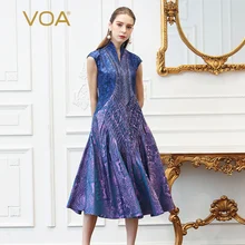 VOA Silk Jacquard Plus Size Dresses Women Vintage Lavender Purple Slim Tunic Dress Slant Pocket Summer Print Short Sleeve A332 VOA Silk Jacquard Plus Size Dresses Women Vintage Lavender Purple Slim Tunic Dress Slant Pocket Summer Print Short Sleeve A332