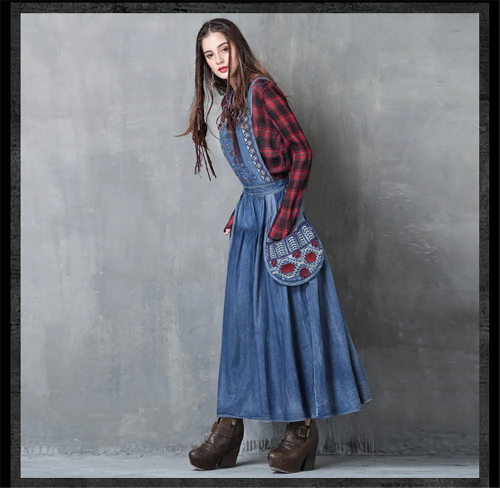 Vintage Autumn Dress Women 2017 Boho New Denim Vestidos Suspender Embroidery Patchwork Pocket Women long Dresses Vestido (9)