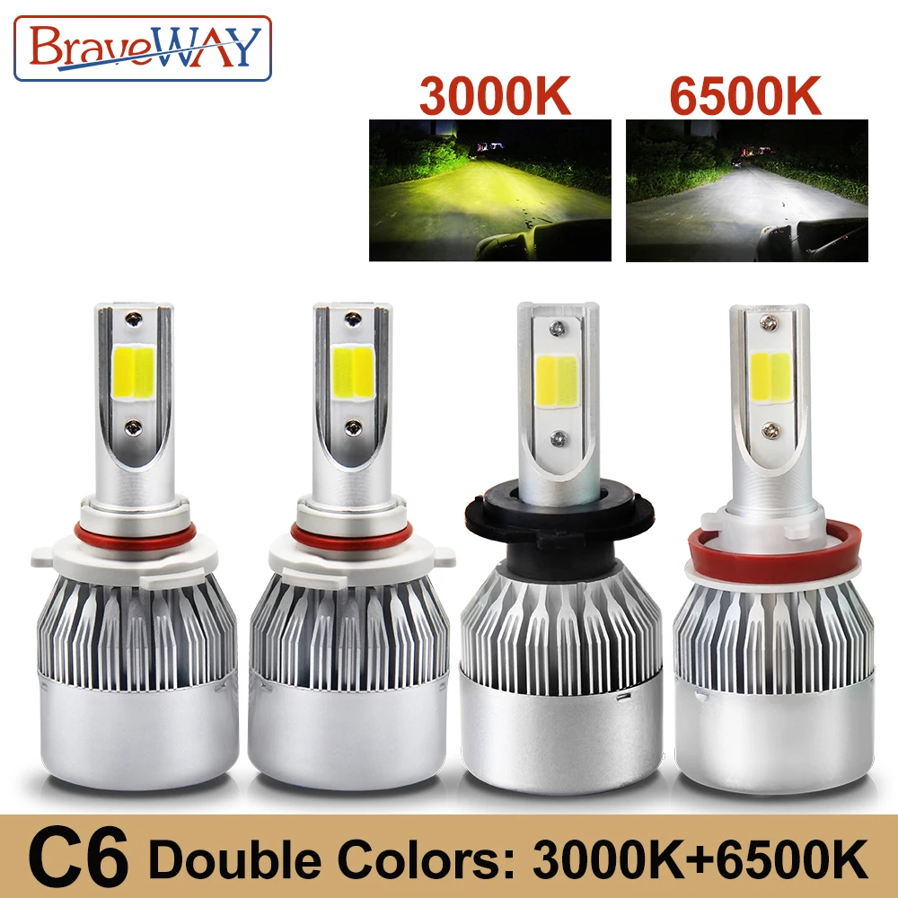

BraveWay C6 Dual Color Led Headlight Car H7 9005 9006 H4 Led Bulbs for Car Light H11 Double Colors Light Bulb 3000K 6500K 8000L