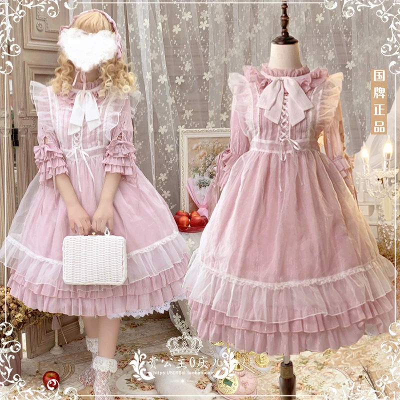 

Greene Story Sweet Lolita Summer Chiffon Princess Fairy OP Dress Pink Kawaii Lace Bow Multilayer Ruffles Long sleeve Dress