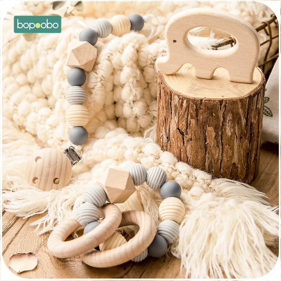 Bopoobo 3Pc/Set Silicone Beads Baby Teether Necklace Round Wooden Beads Pendant For Nursing Pacifier Chain Clips Baby Products