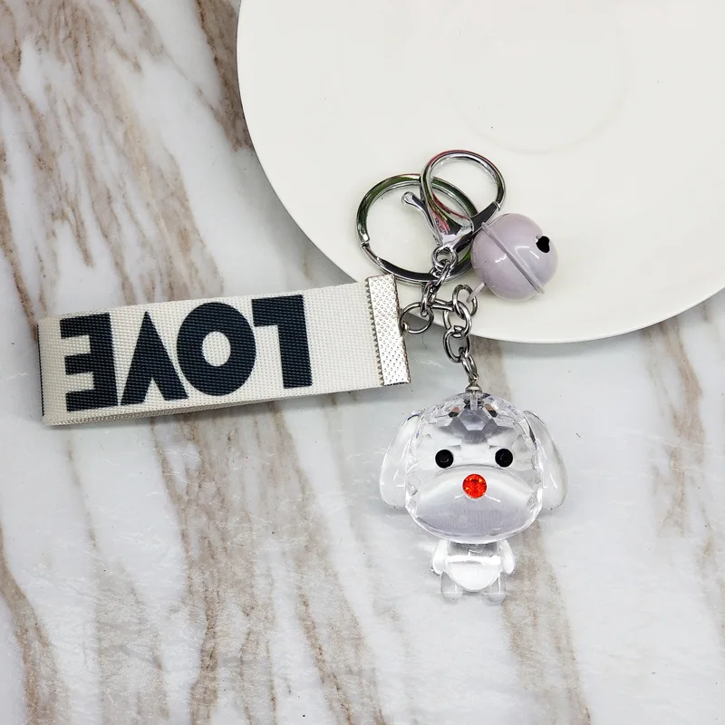 New cute resin acrylic animal bear, puppy, rabbit, color ribbon with bell cute temperament key ring pendant bag car pendant - Цвет: The dog -white