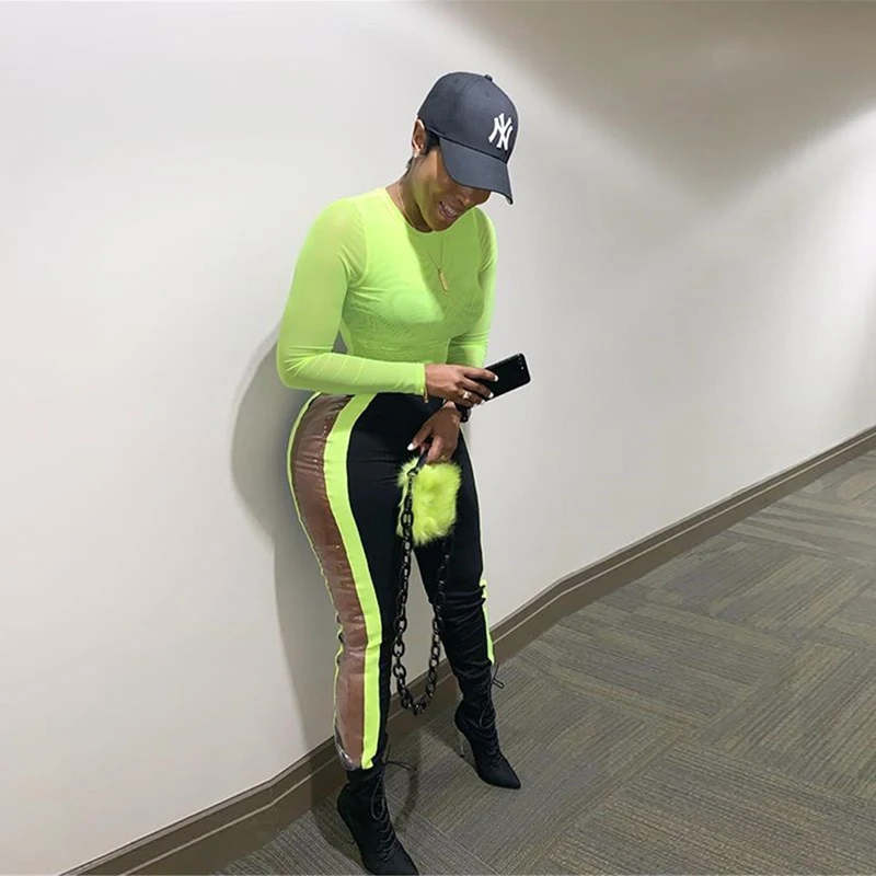 

XLLAIS Neon Green Color Spandex Mesh Bodysuits Women Snug Fabric Double Material Streetwear Jumpsuit Womens Club Clothing Romper