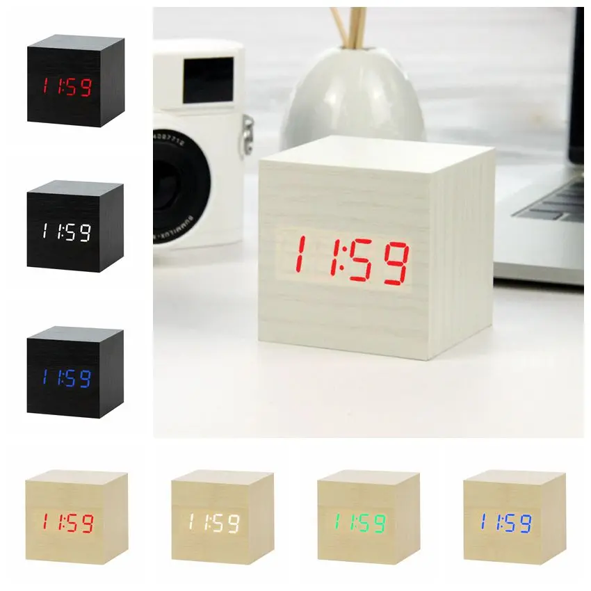 JULY'S SONG LED Wooden Alarm Clock Voice Control Digital Wood Despertador Electronic Desktop USB/AAA Powered Clocks Table Decor